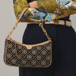 NWT! NEW! Tory Burch T MONOGRAM CHENILLE STUDIO BAG -Black